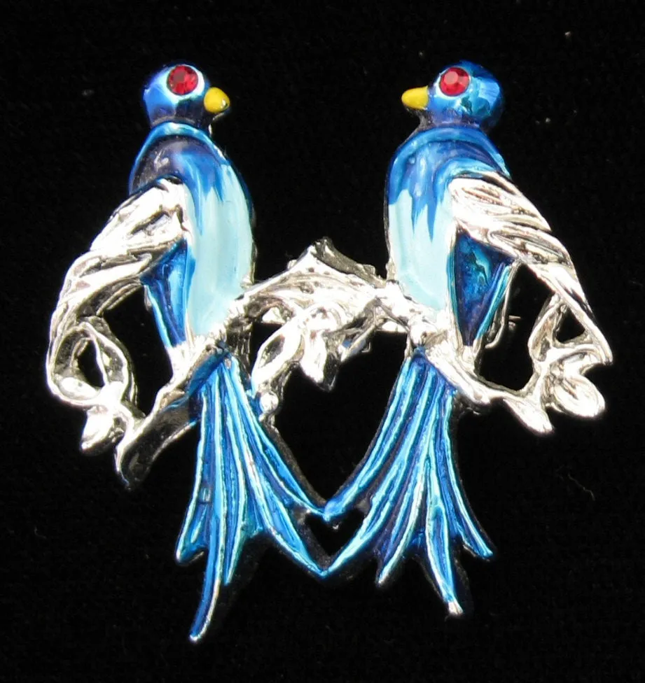 Bluebirds Scatter Pins Set Of 2 Rhinestone Eyes 1950s Blue And Silver Birds Brooch