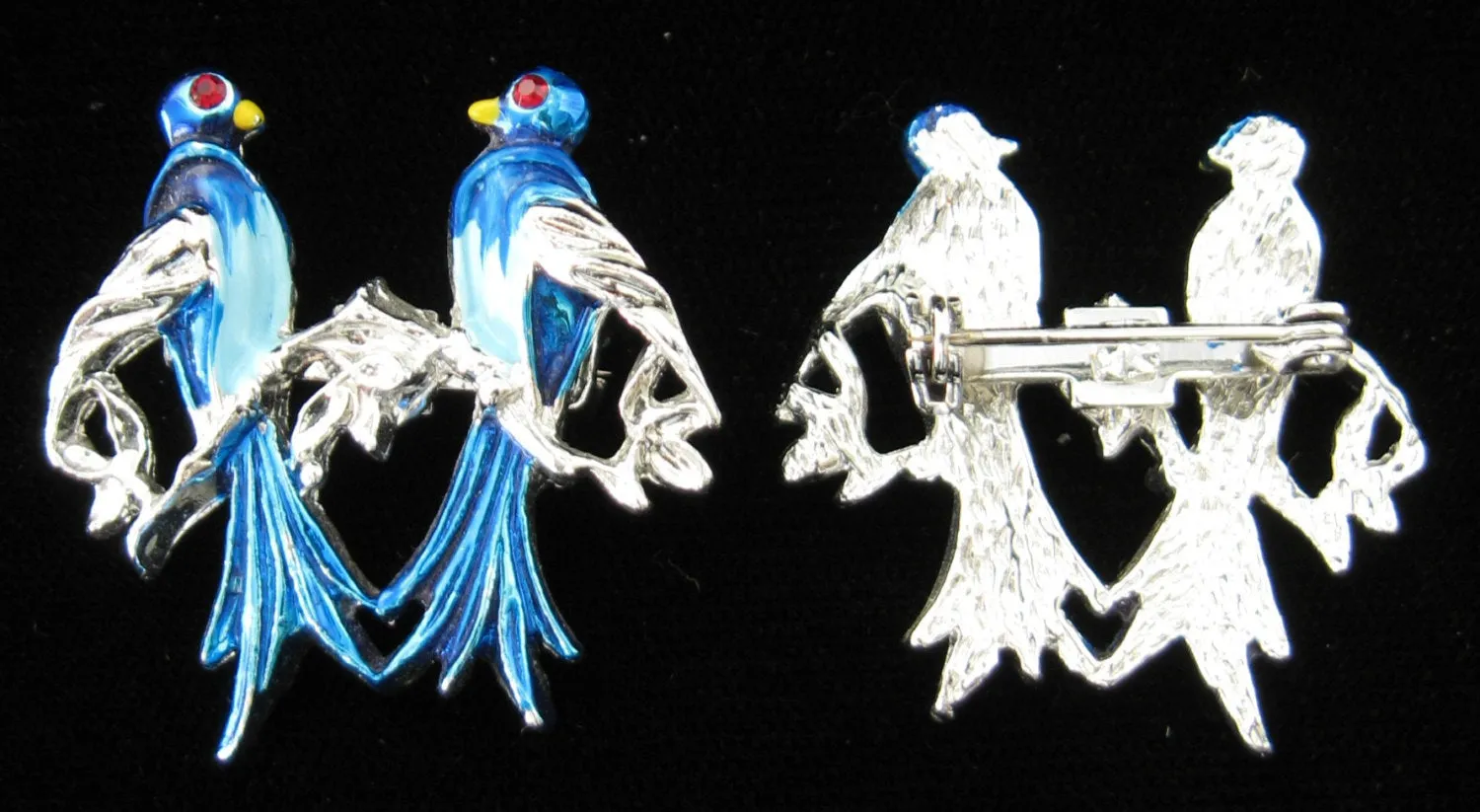 Bluebirds Scatter Pins Set Of 2 Rhinestone Eyes 1950s Blue And Silver Birds Brooch