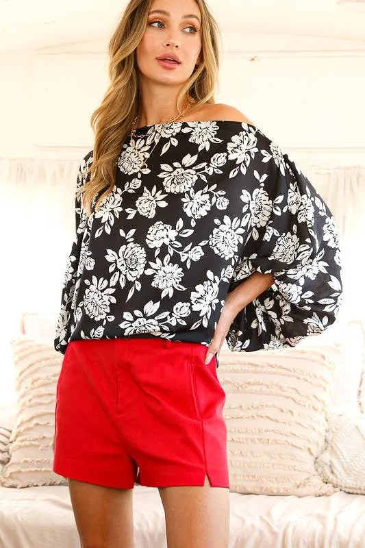 Boat Neck Dolman Sleeve Floral Printed Satin Blouse