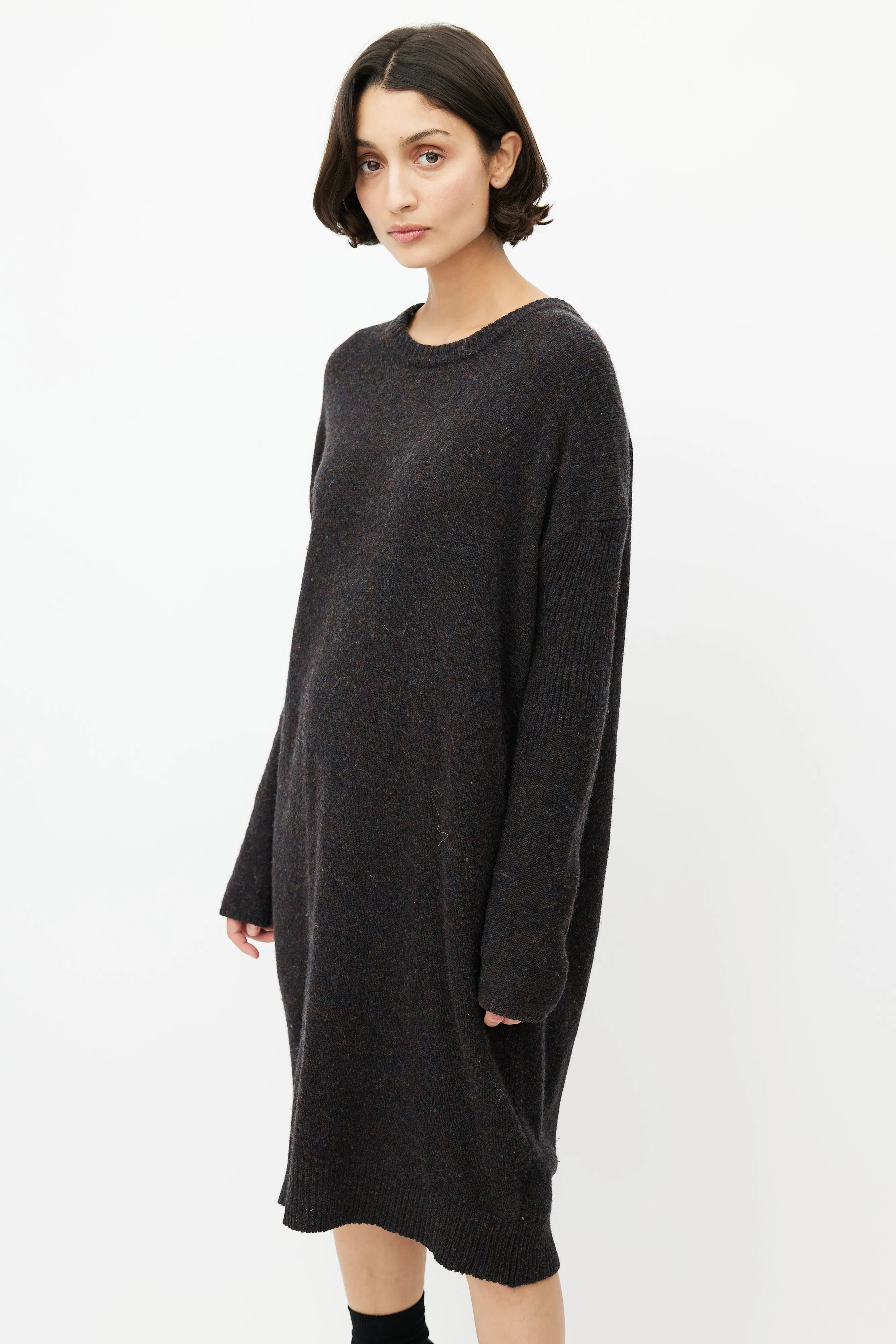 Brown & Multicolour Speckled Wool Knit Sweater Dress