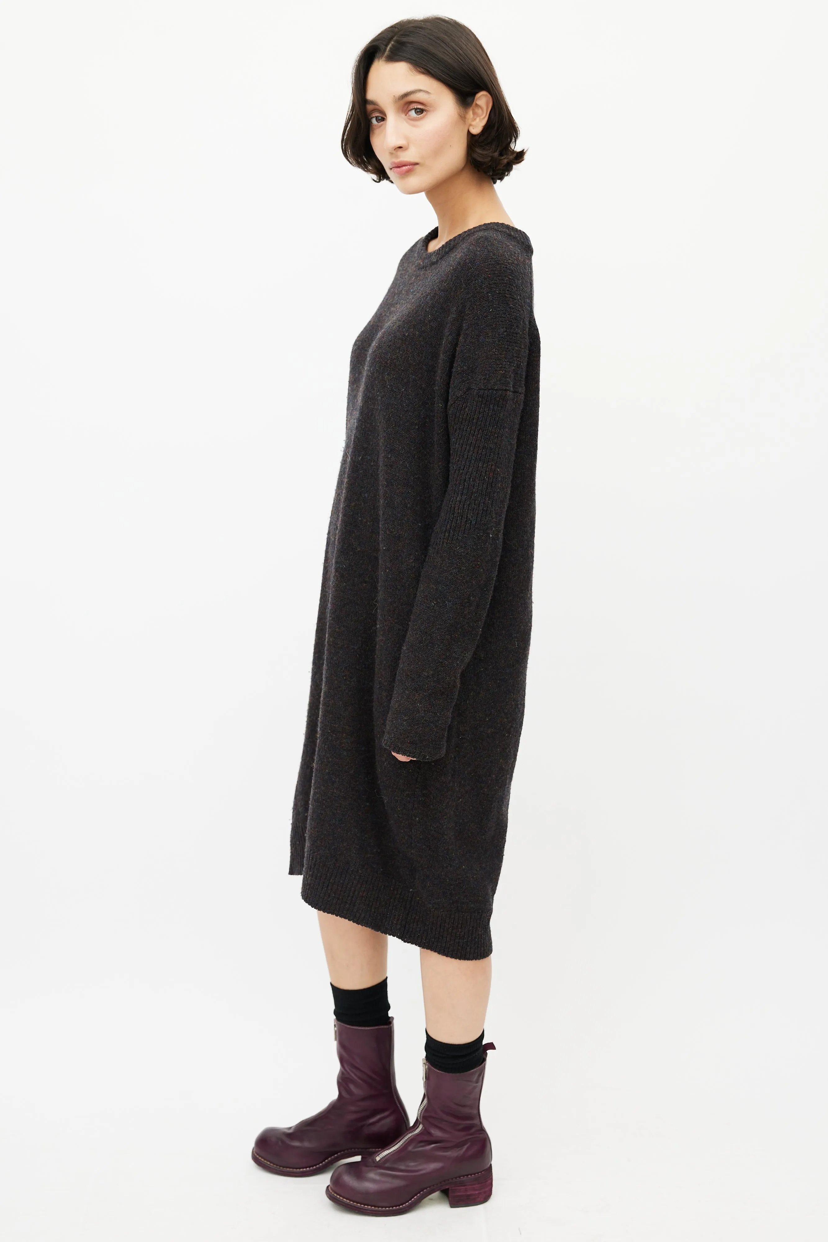 Brown & Multicolour Speckled Wool Knit Sweater Dress