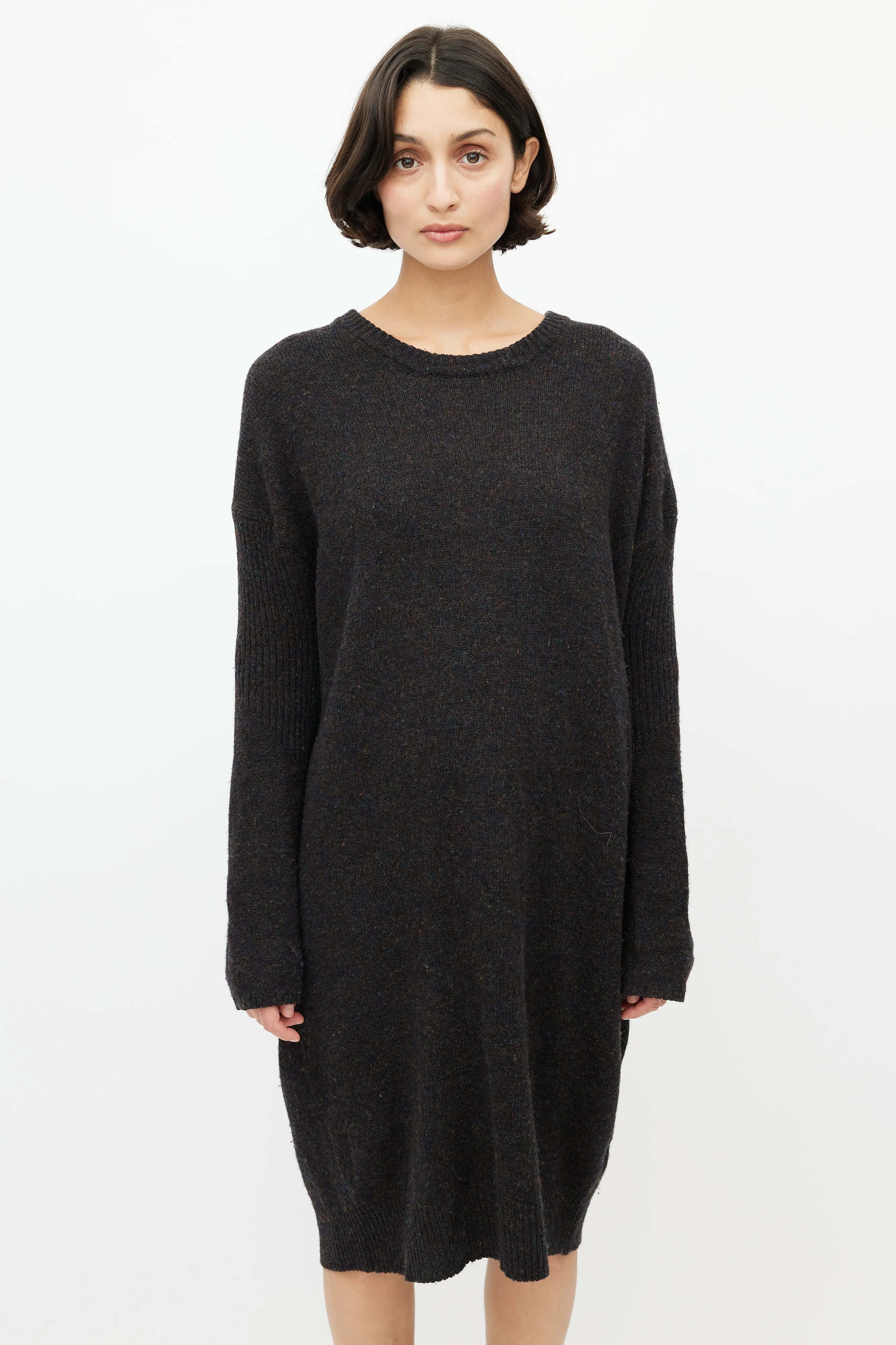 Brown & Multicolour Speckled Wool Knit Sweater Dress