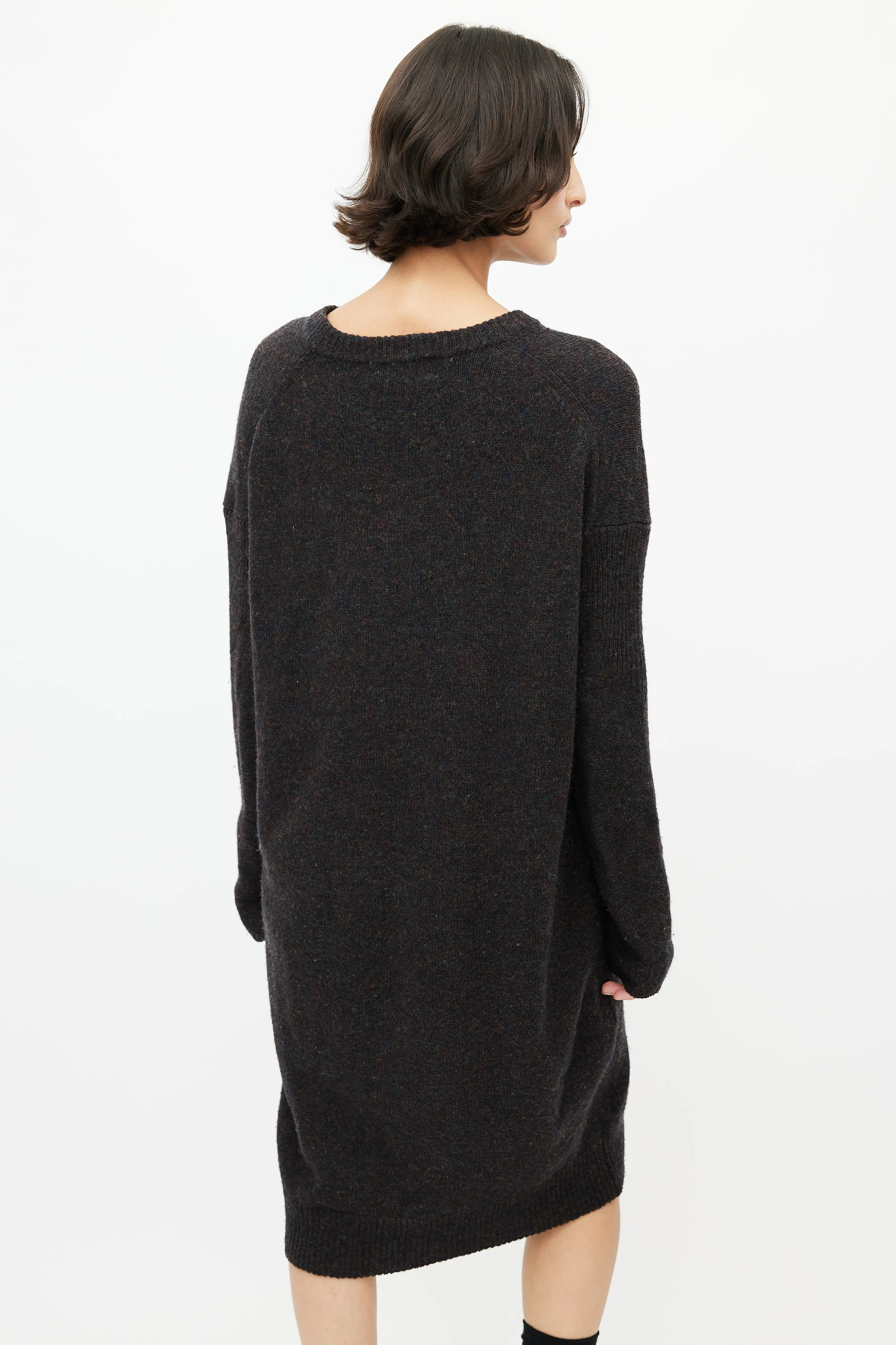 Brown & Multicolour Speckled Wool Knit Sweater Dress