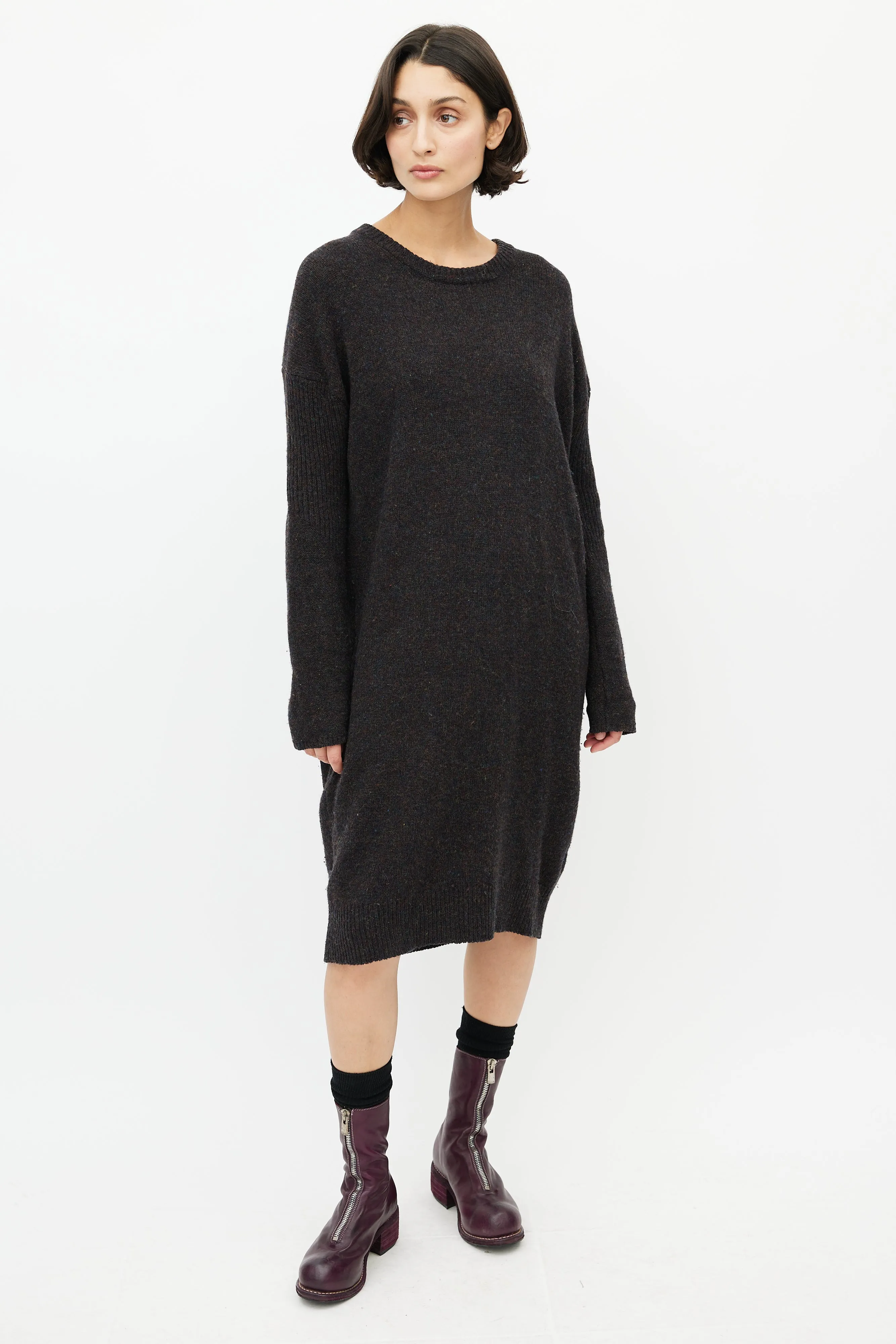 Brown & Multicolour Speckled Wool Knit Sweater Dress