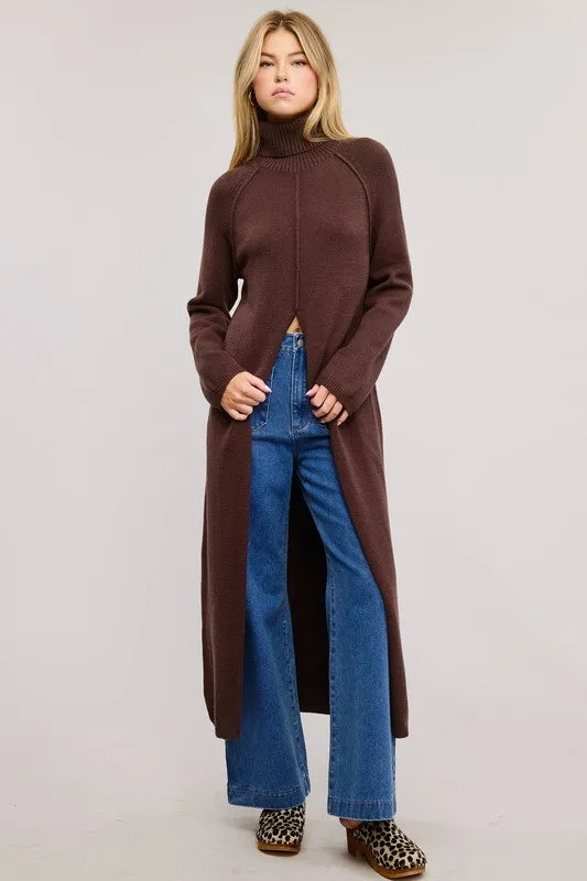 Brown Turtleneck Tunic Sweater Dress With Slit