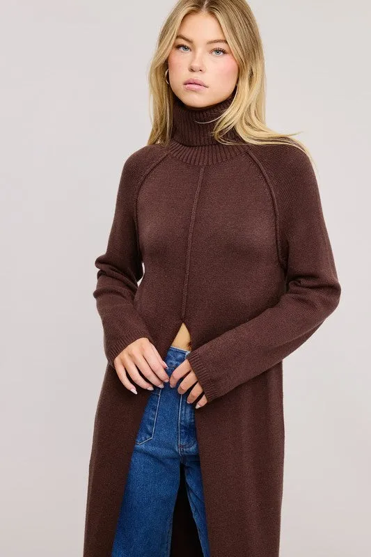 Brown Turtleneck Tunic Sweater Dress With Slit