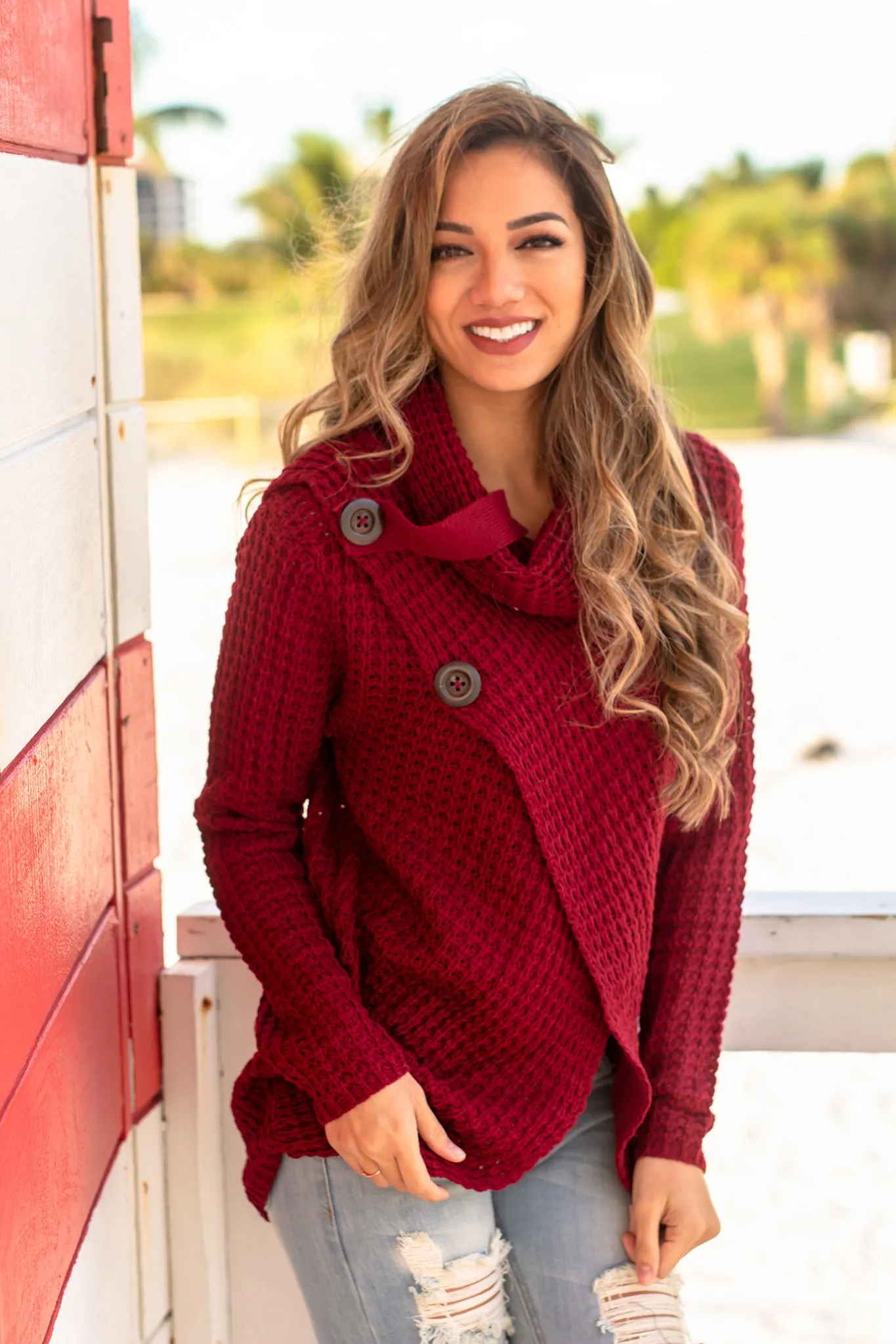 Burgundy Cowl Neck Knit Sweater