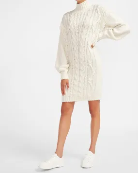 Cable Knit Fringe Shoulder Sweater Dress in Swan