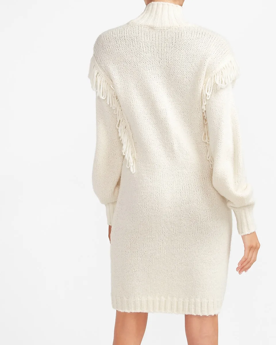 Cable Knit Fringe Shoulder Sweater Dress in Swan