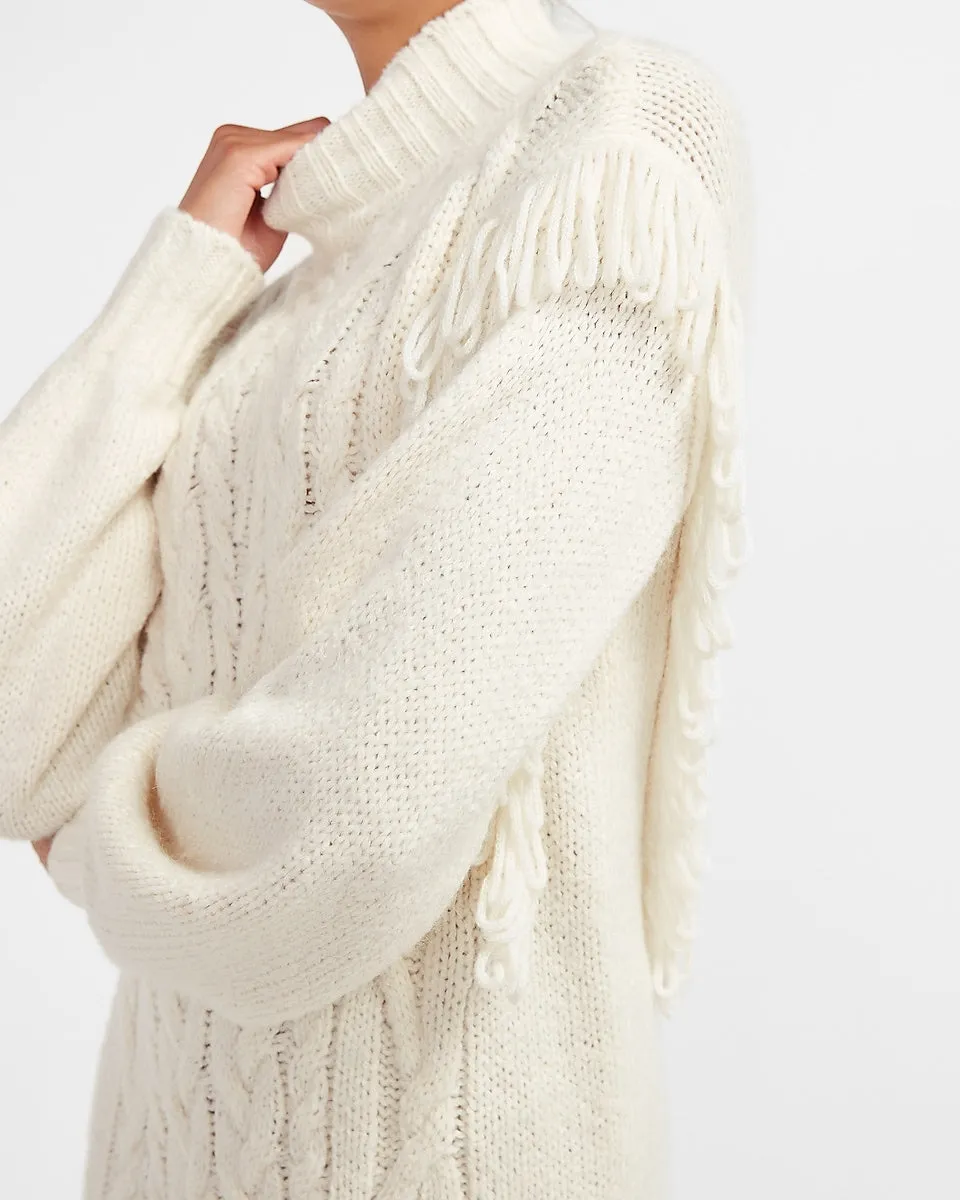 Cable Knit Fringe Shoulder Sweater Dress in Swan