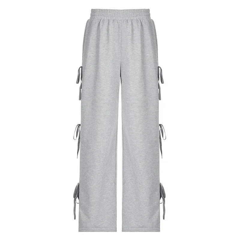 Casual Loose Grey Sweatpants Side Tie-Up Folds Sporty Chic Women Trousers Oversized Straight Leg Joggers Preppy Style