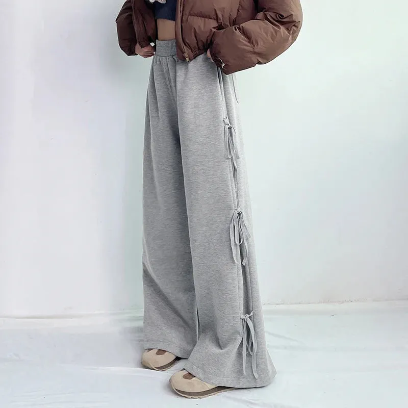 Casual Loose Grey Sweatpants Side Tie-Up Folds Sporty Chic Women Trousers Oversized Straight Leg Joggers Preppy Style