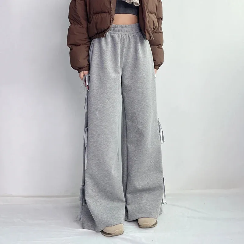 Casual Loose Grey Sweatpants Side Tie-Up Folds Sporty Chic Women Trousers Oversized Straight Leg Joggers Preppy Style