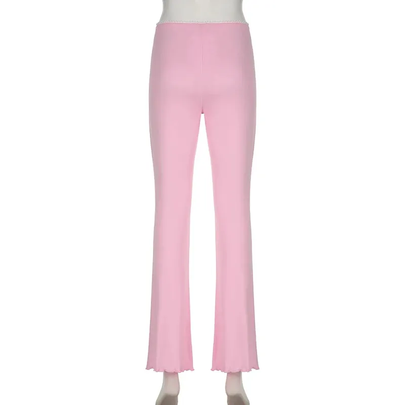 Casual Ruched Skinny Pink Women Pants Sweet Homewear Appliques Sporty Chic Flare Trousers All-Match Sweatpants Korean