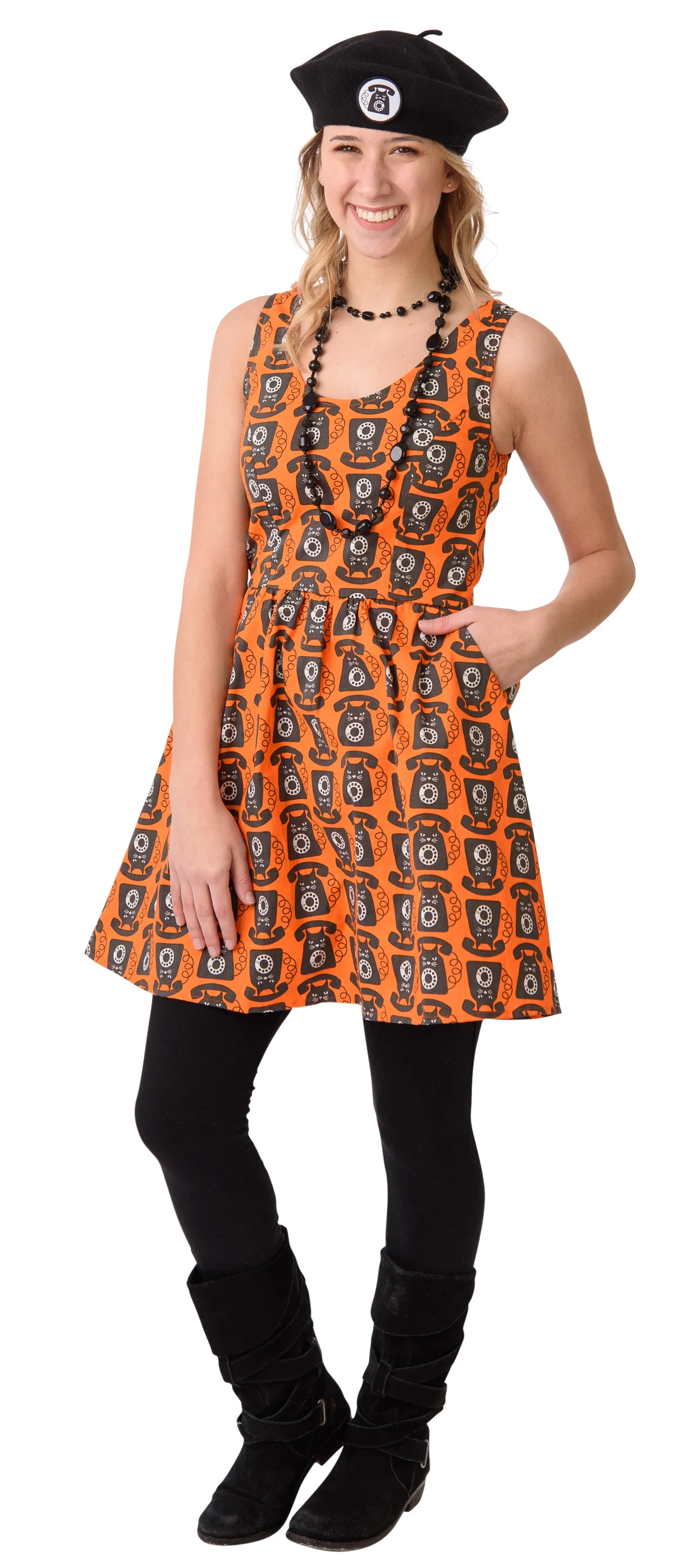 Chatty Cheshires Poplin POCKET Dress in Jack-o-lantern