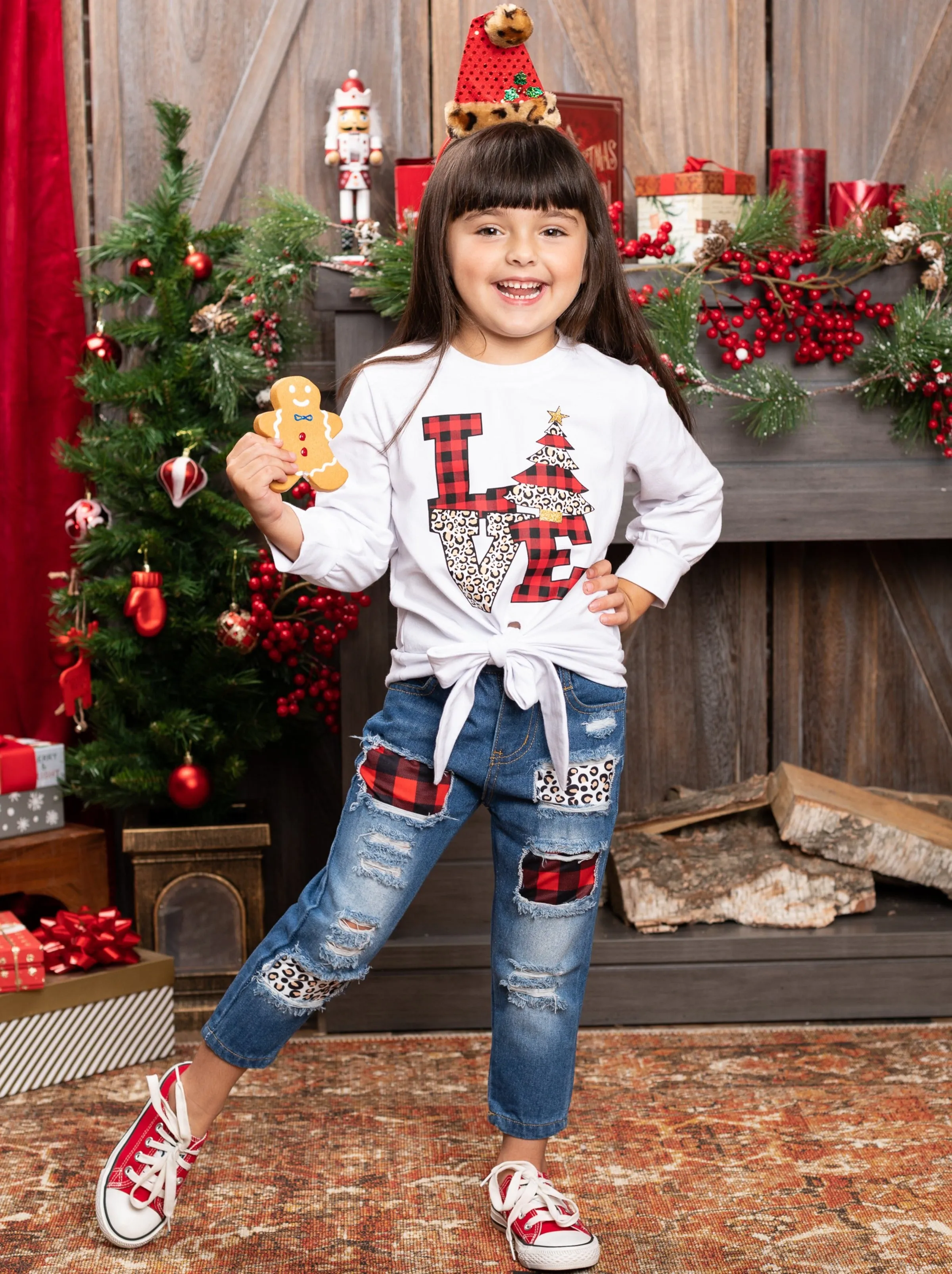 Christmas Love Knot Hem Top and Patched Jeans Set