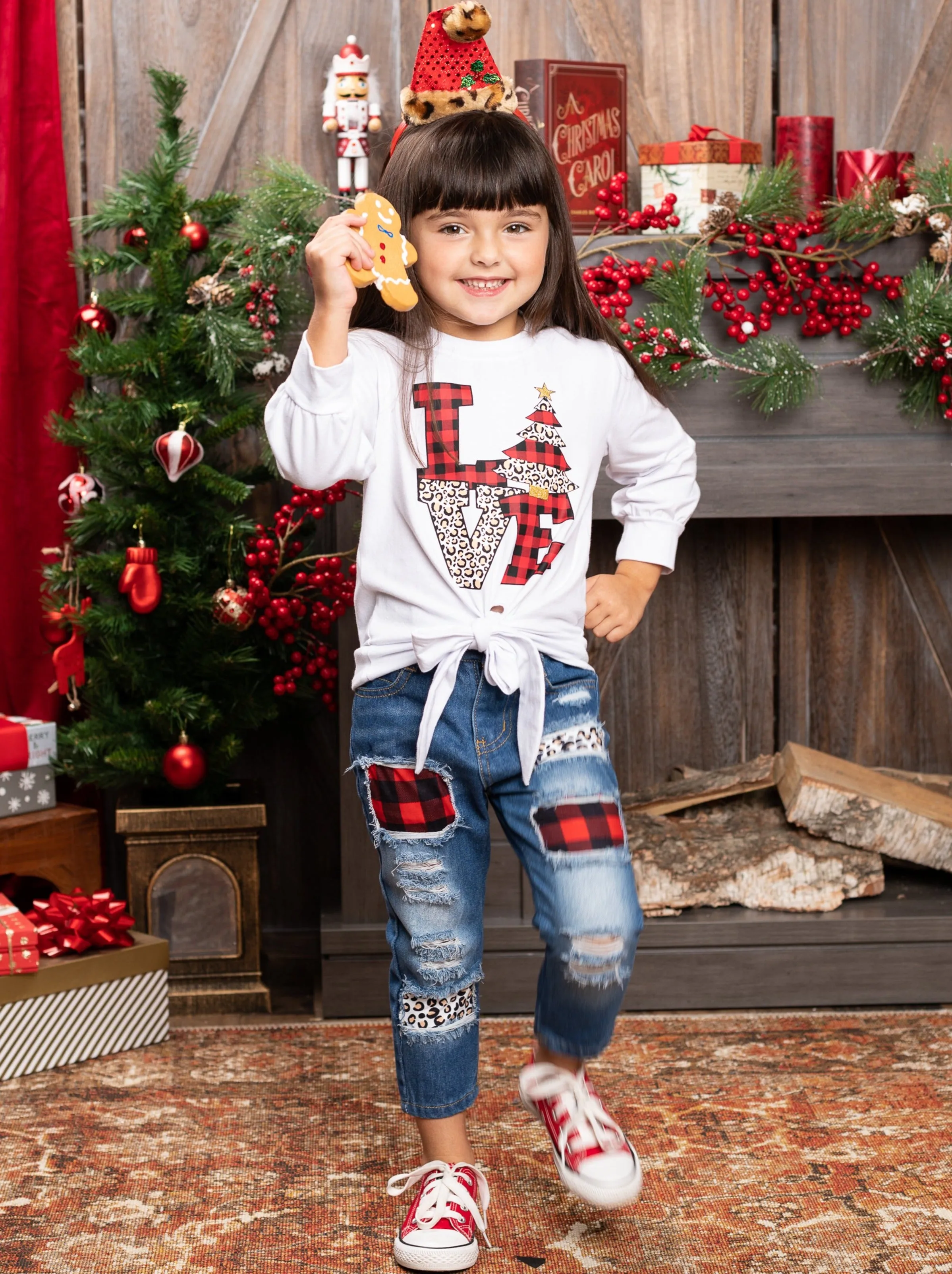 Christmas Love Knot Hem Top and Patched Jeans Set