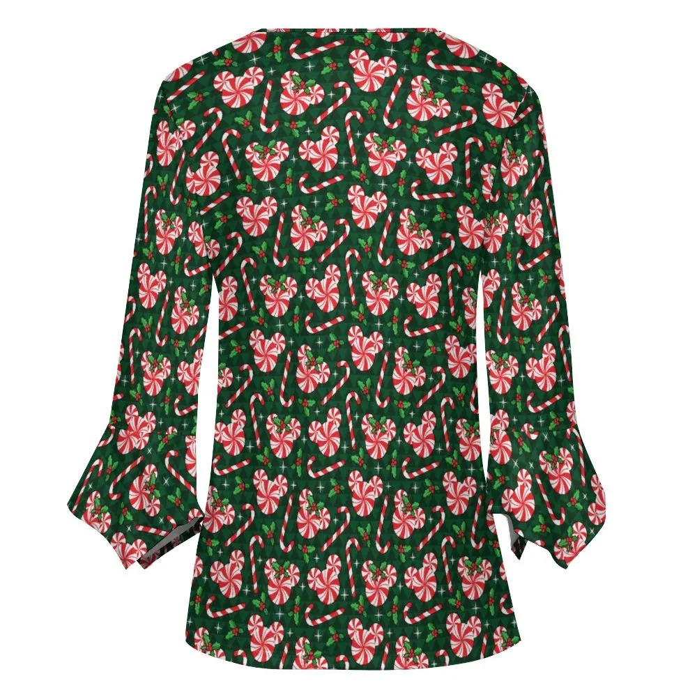 Christmas Peppermint Women's Ruffled Petal Sleeve Top