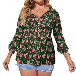 Christmas Peppermint Women's Ruffled Petal Sleeve Top