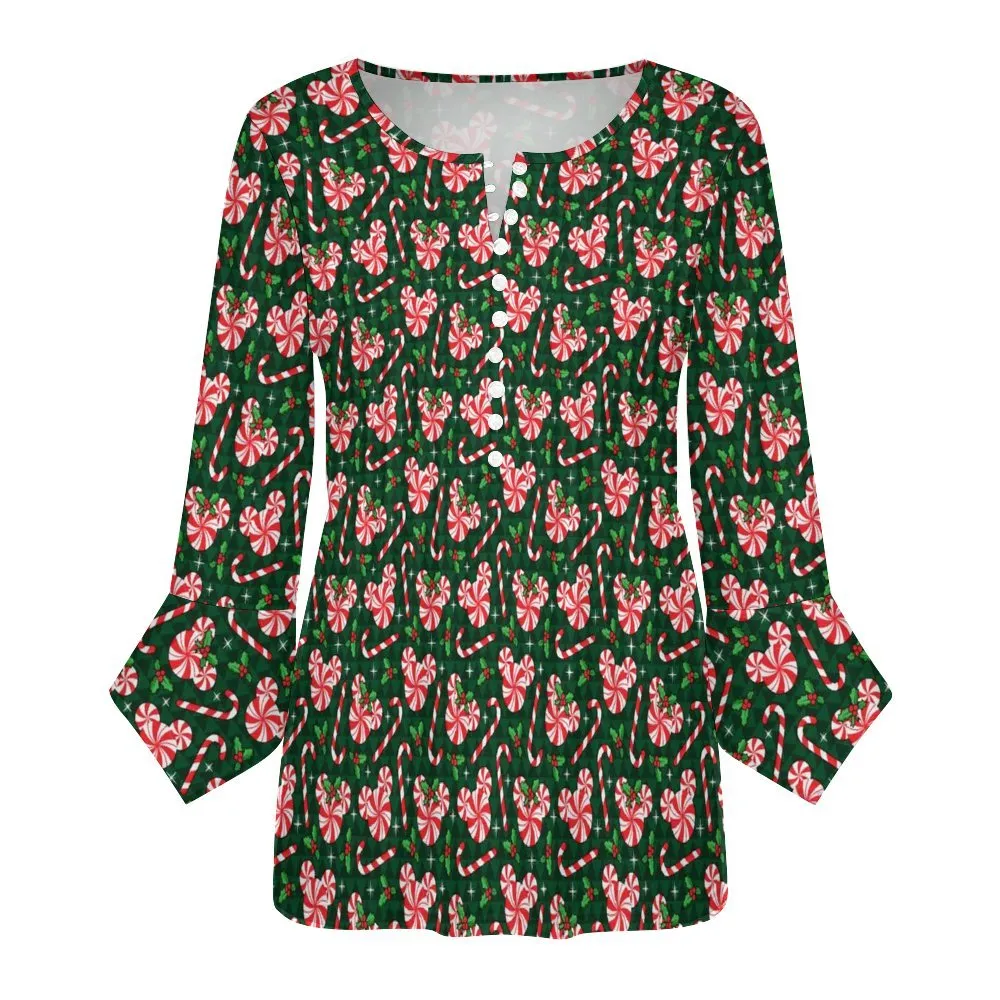 Christmas Peppermint Women's Ruffled Petal Sleeve Top