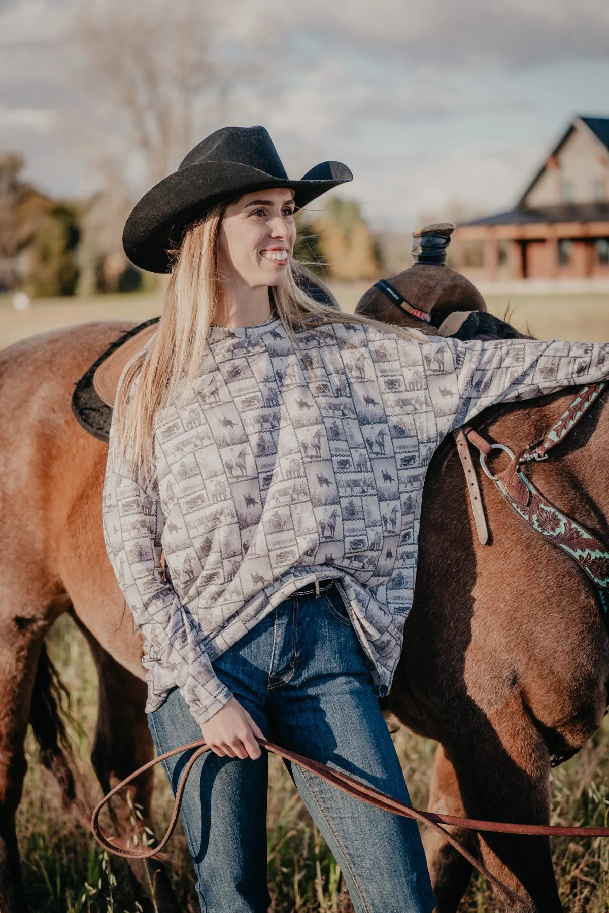 'Cody' All Over Cowgirl Graphic Printed Long Sleeve (S/M to 2X/3X)