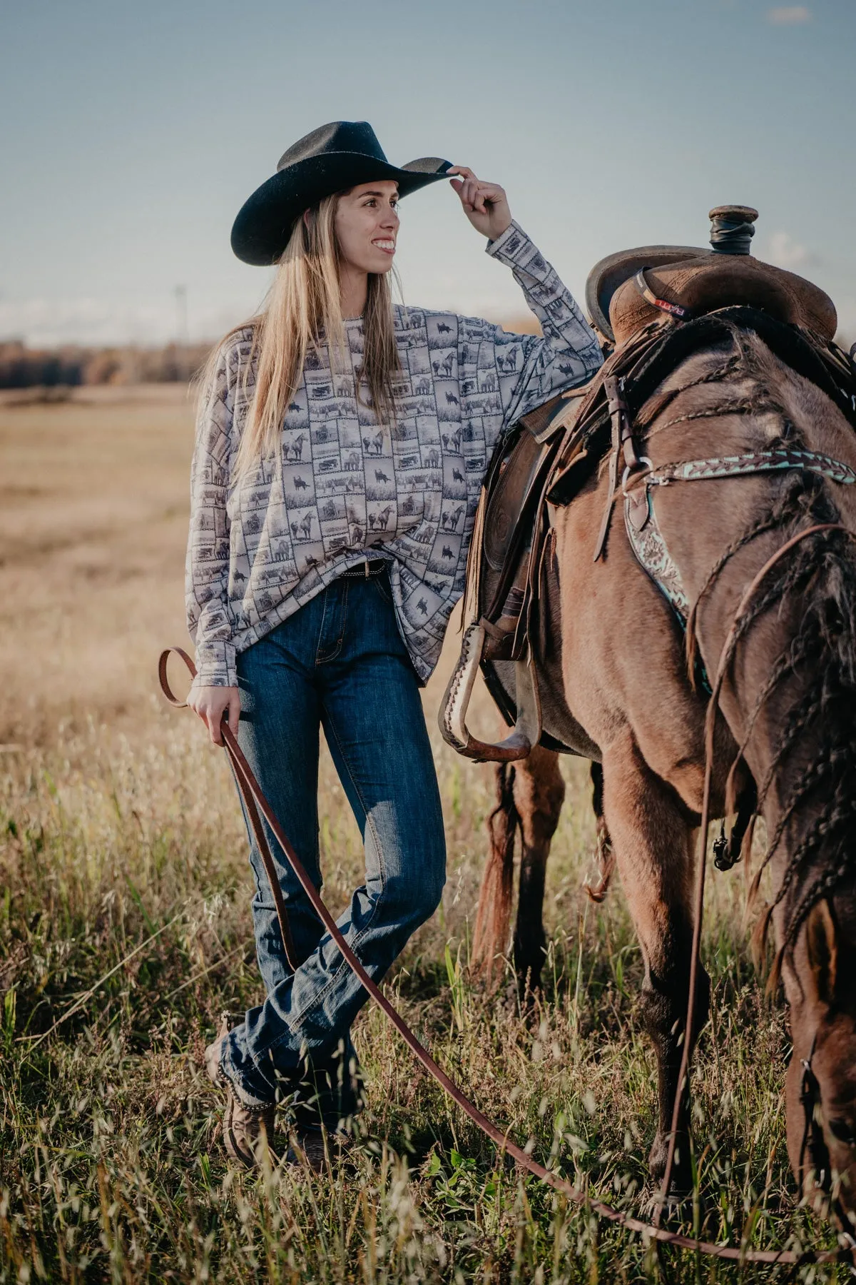 'Cody' All Over Cowgirl Graphic Printed Long Sleeve (S/M to 2X/3X)