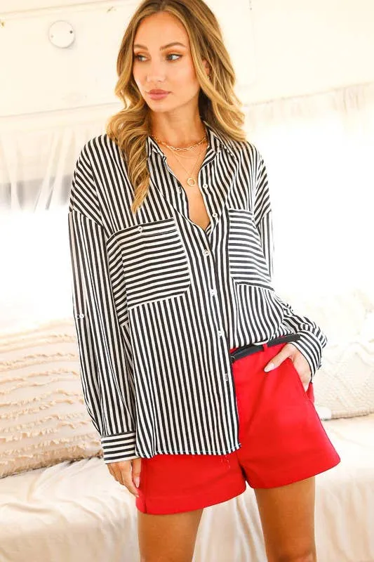 Collar Neckline Striped Satin Top