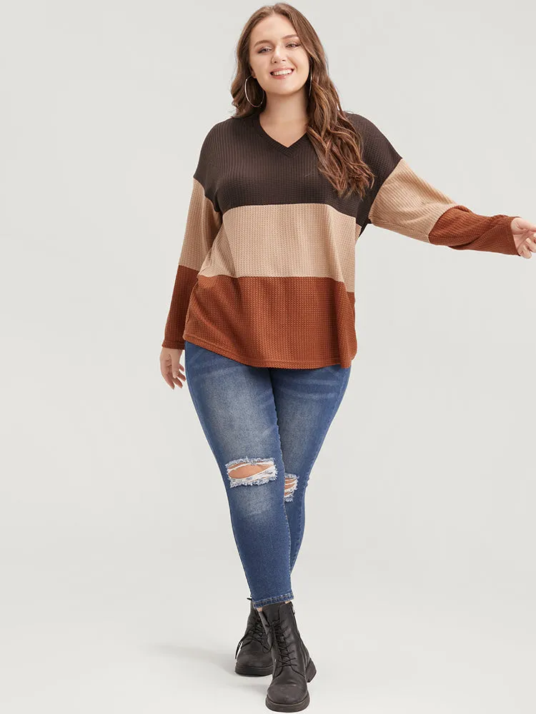 Colorblock Contrast V Neck Waffle Knit Long Tee