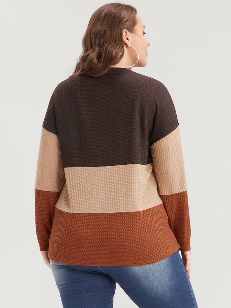 Colorblock Contrast V Neck Waffle Knit Long Tee