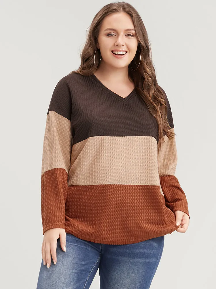 Colorblock Contrast V Neck Waffle Knit Long Tee