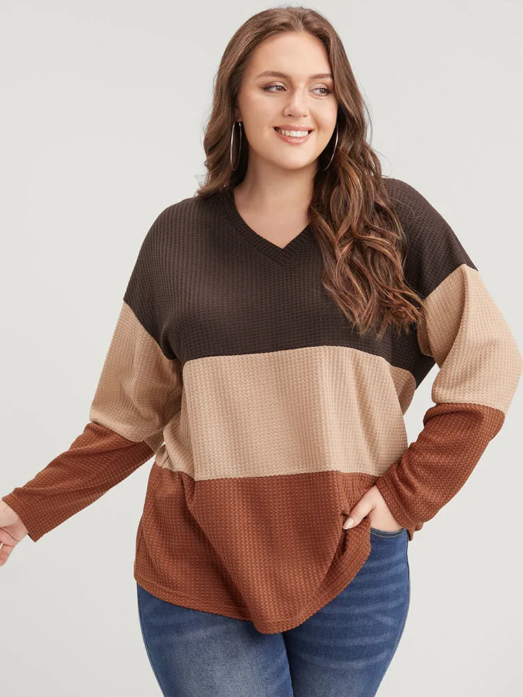 Colorblock Contrast V Neck Waffle Knit Long Tee