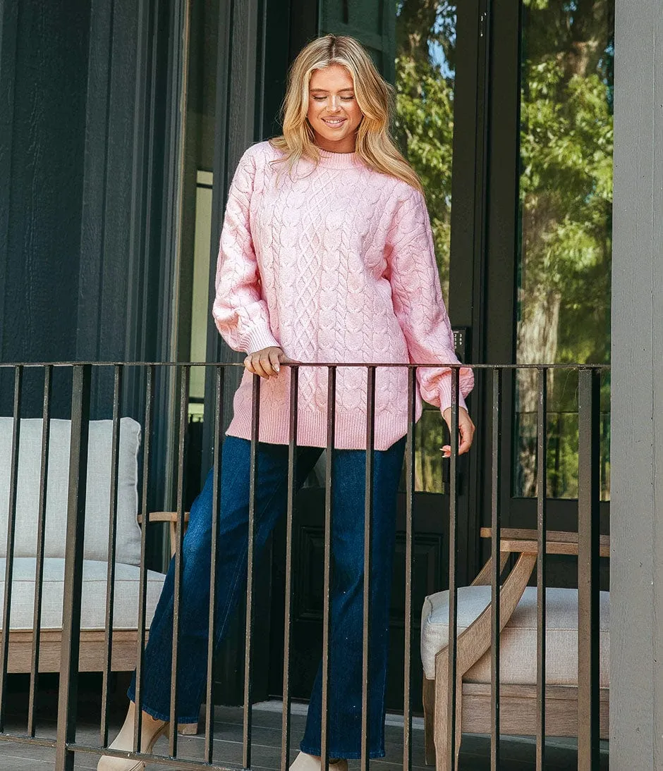 Comfy Cozy Cable Sweater - Pink Mist