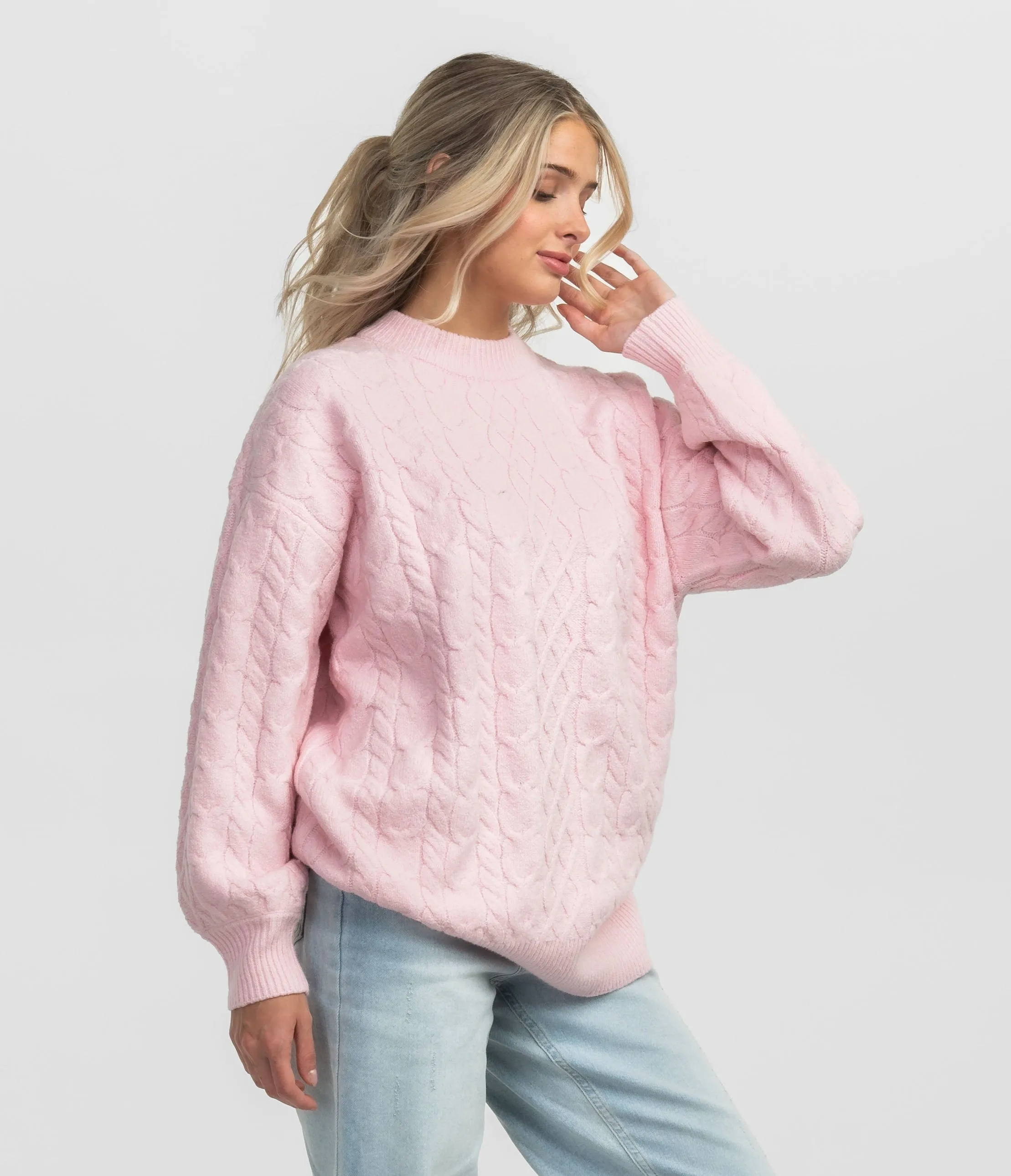 Comfy Cozy Cable Sweater - Pink Mist