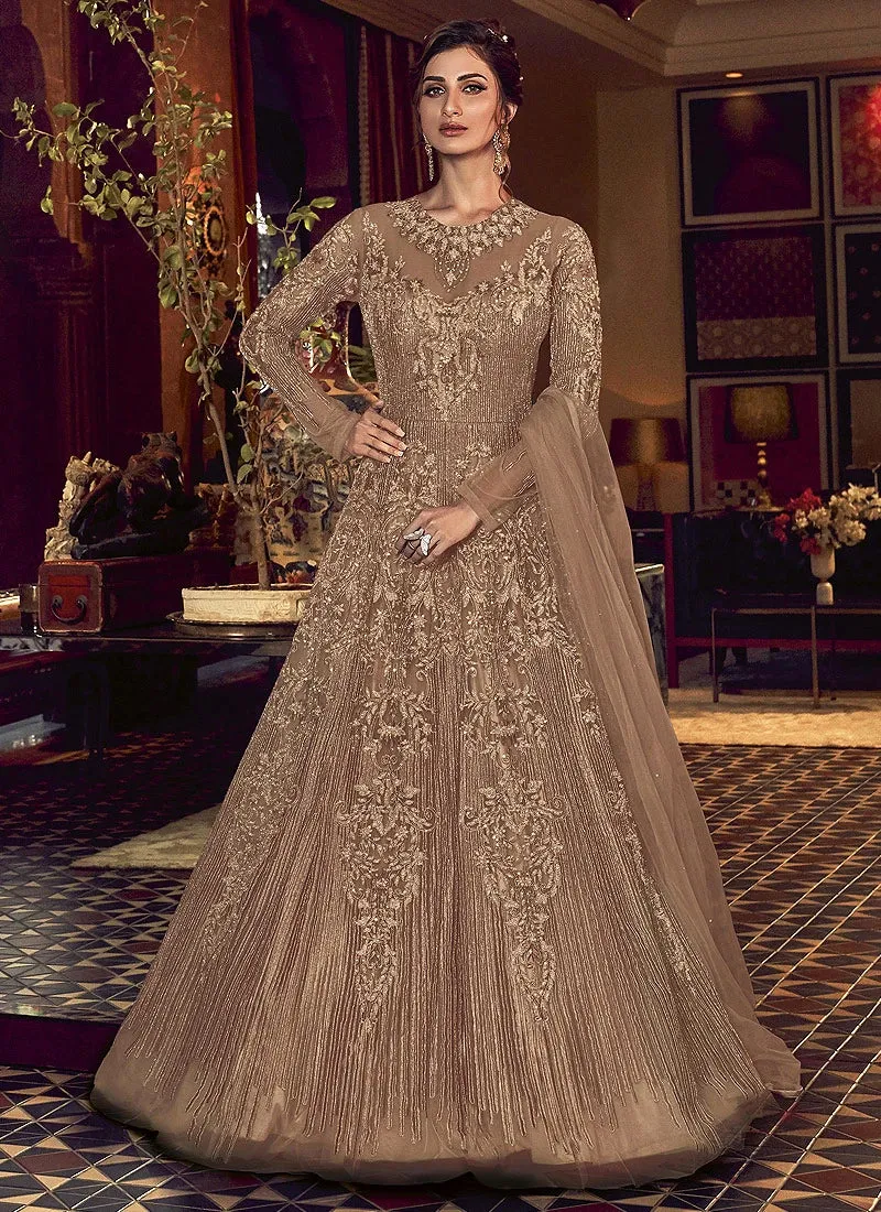 Copper Brown Heavy Embroidered Net Anarkali Suit