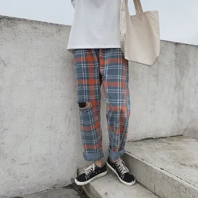 Cotton Baggy Lattice Printing Hole Streetwear Style Men Pants