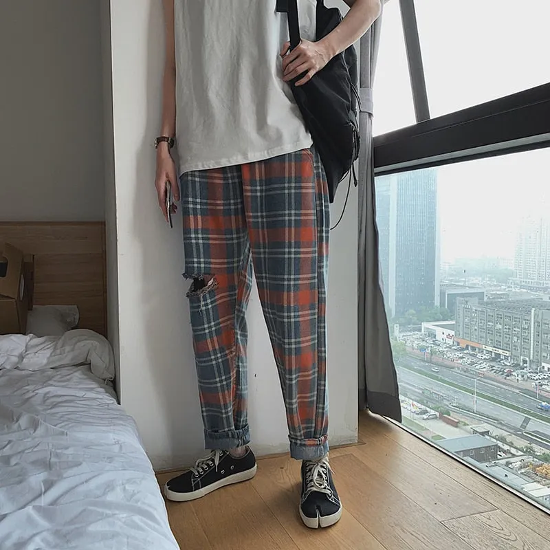 Cotton Baggy Lattice Printing Hole Streetwear Style Men Pants