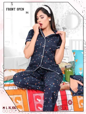 Cotton Blue Printed Collar Top Pyjama Sets Night Wear