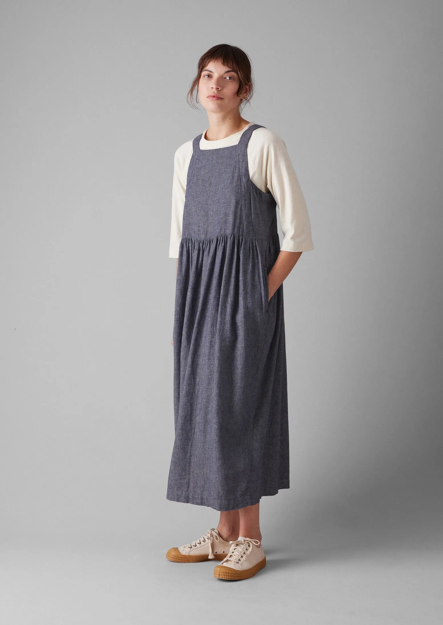 Cotton Linen Twill Gathered Waist Dress | Indigo Blue