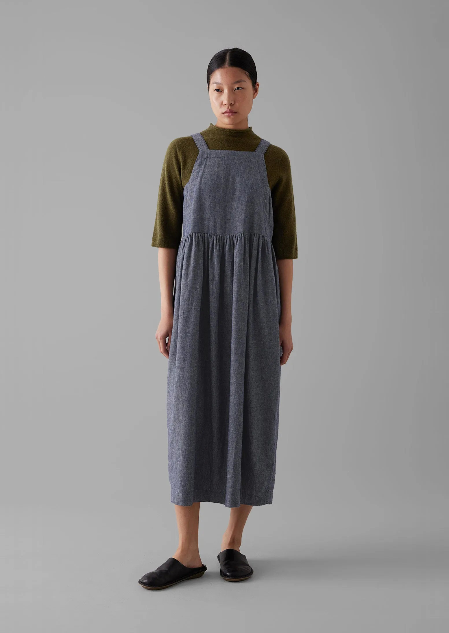 Cotton Linen Twill Gathered Waist Dress | Indigo Blue