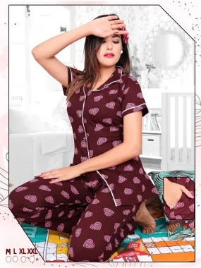 Cotton Printed Collar Maroon Top Pyjama Sets Night Wear for Ladies