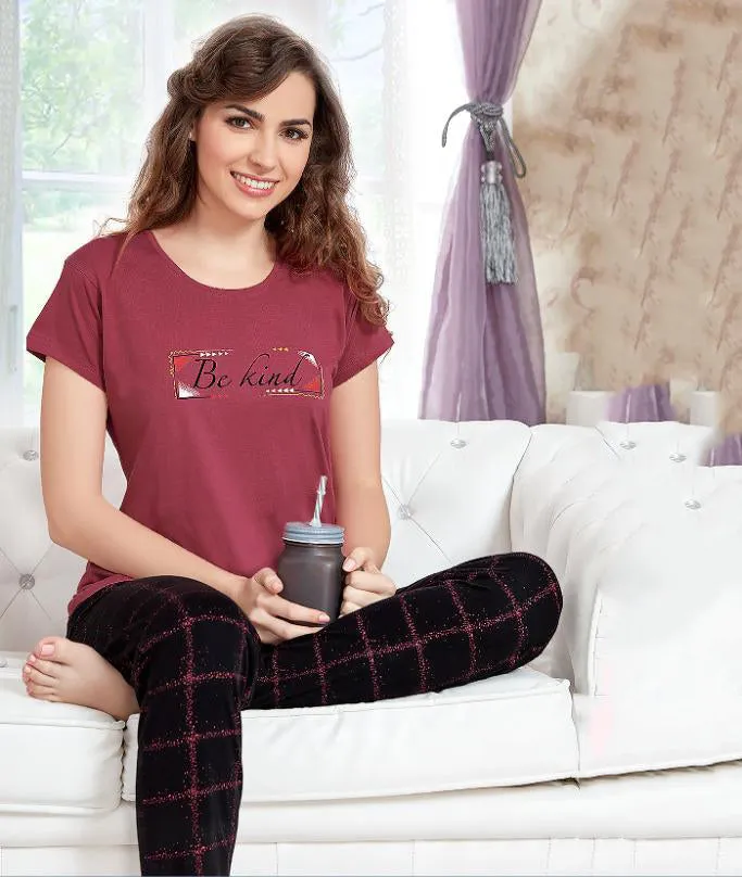 Cotton Printed Maroon Night Suit Pajama Set for Woman