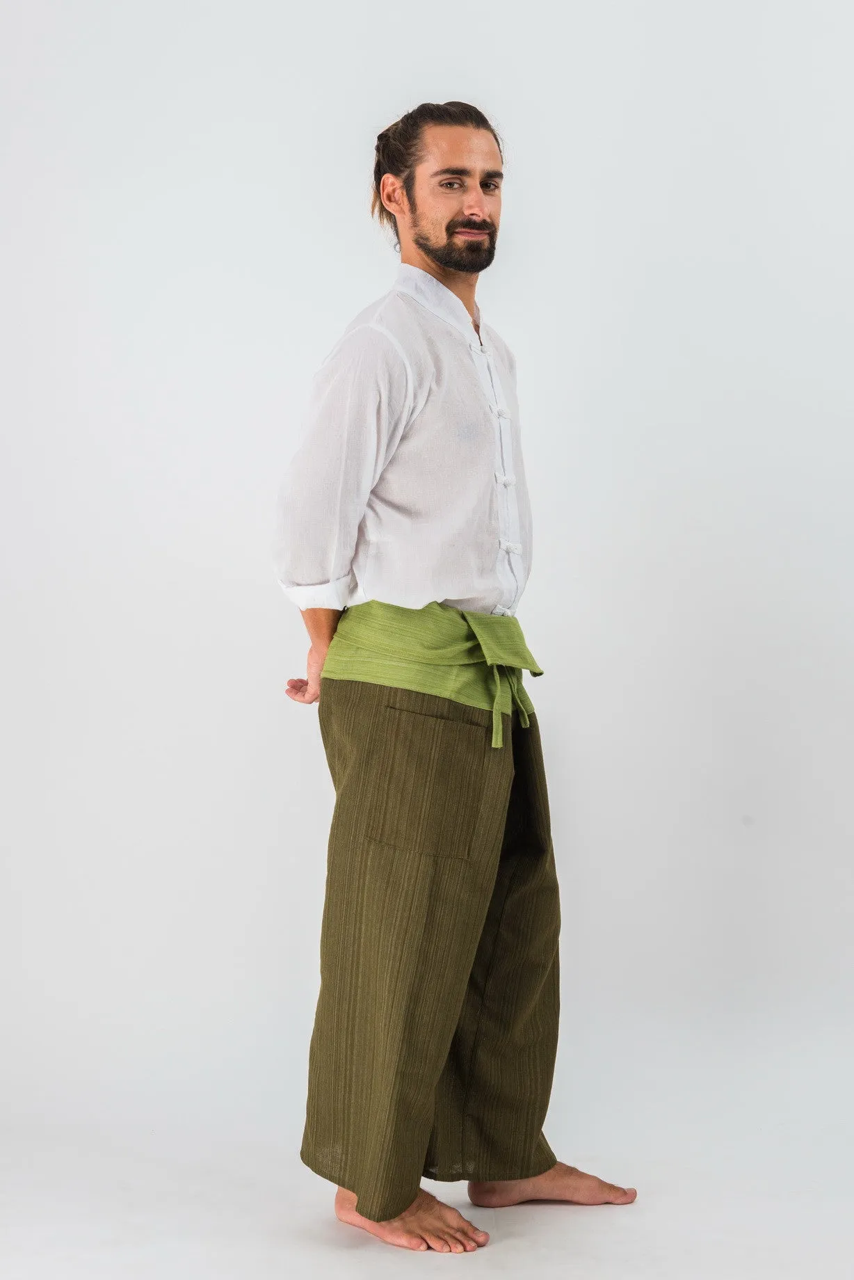 Cotton Thai Fisherman Yoga Massage Pants Two Tone Olive Green