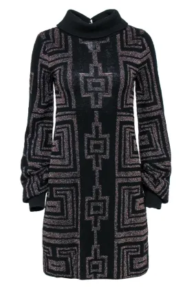 Custo Barcelona - Black Sparkly Geometric Print Turtleneck Sweater Dress Sz M