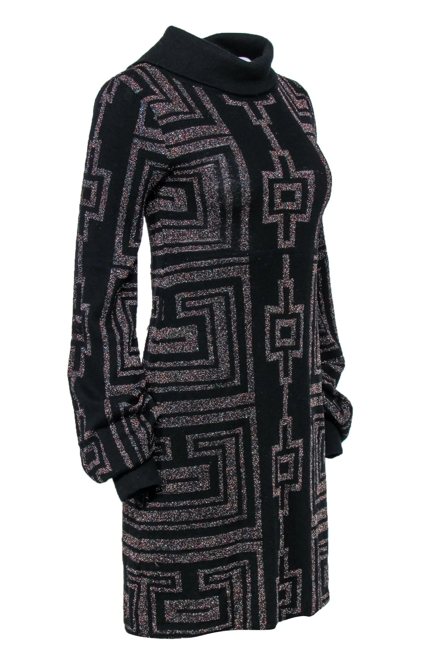 Custo Barcelona - Black Sparkly Geometric Print Turtleneck Sweater Dress Sz M