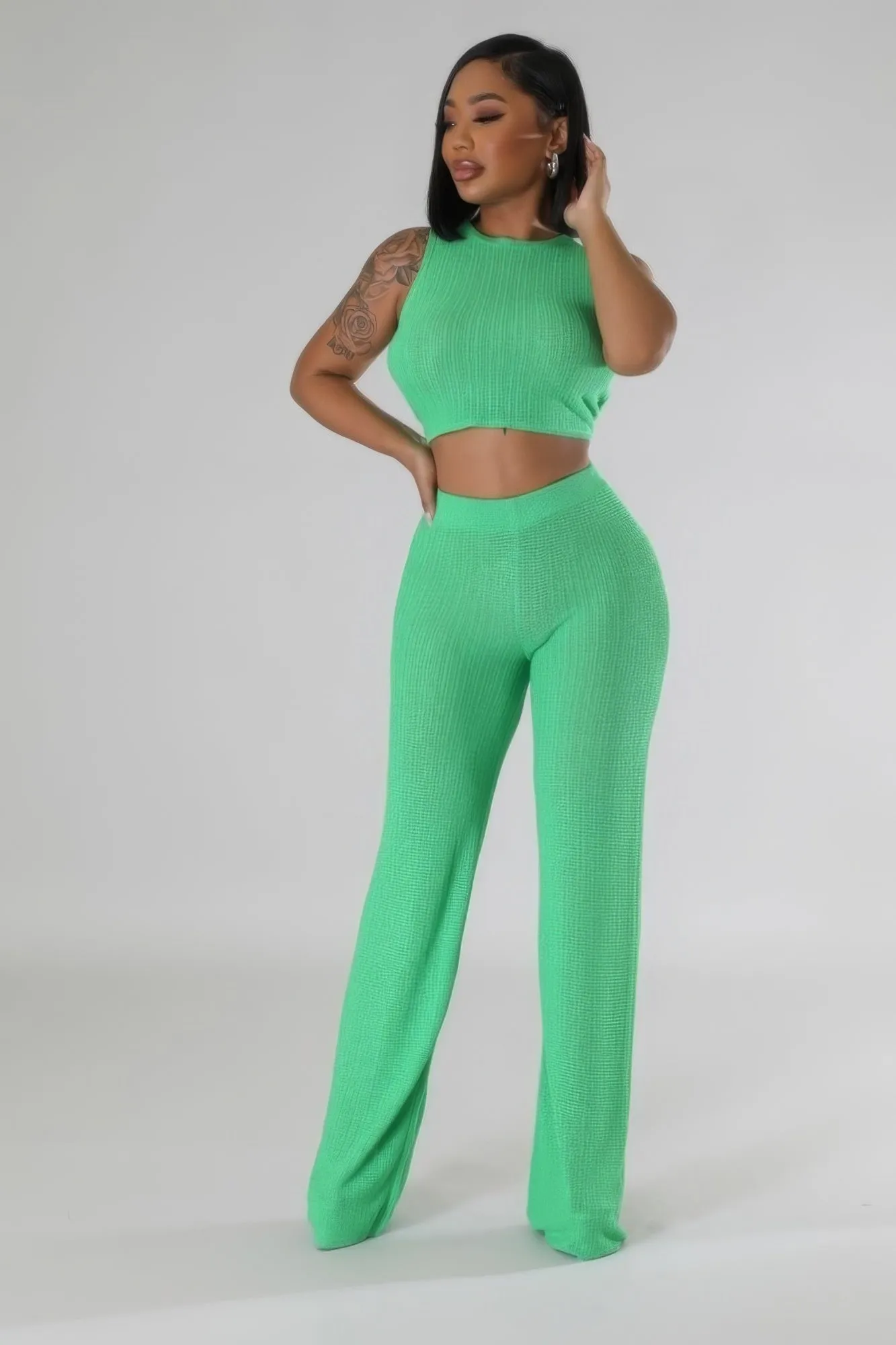 Cute Solid Color Two Piece Pant Outfit Set