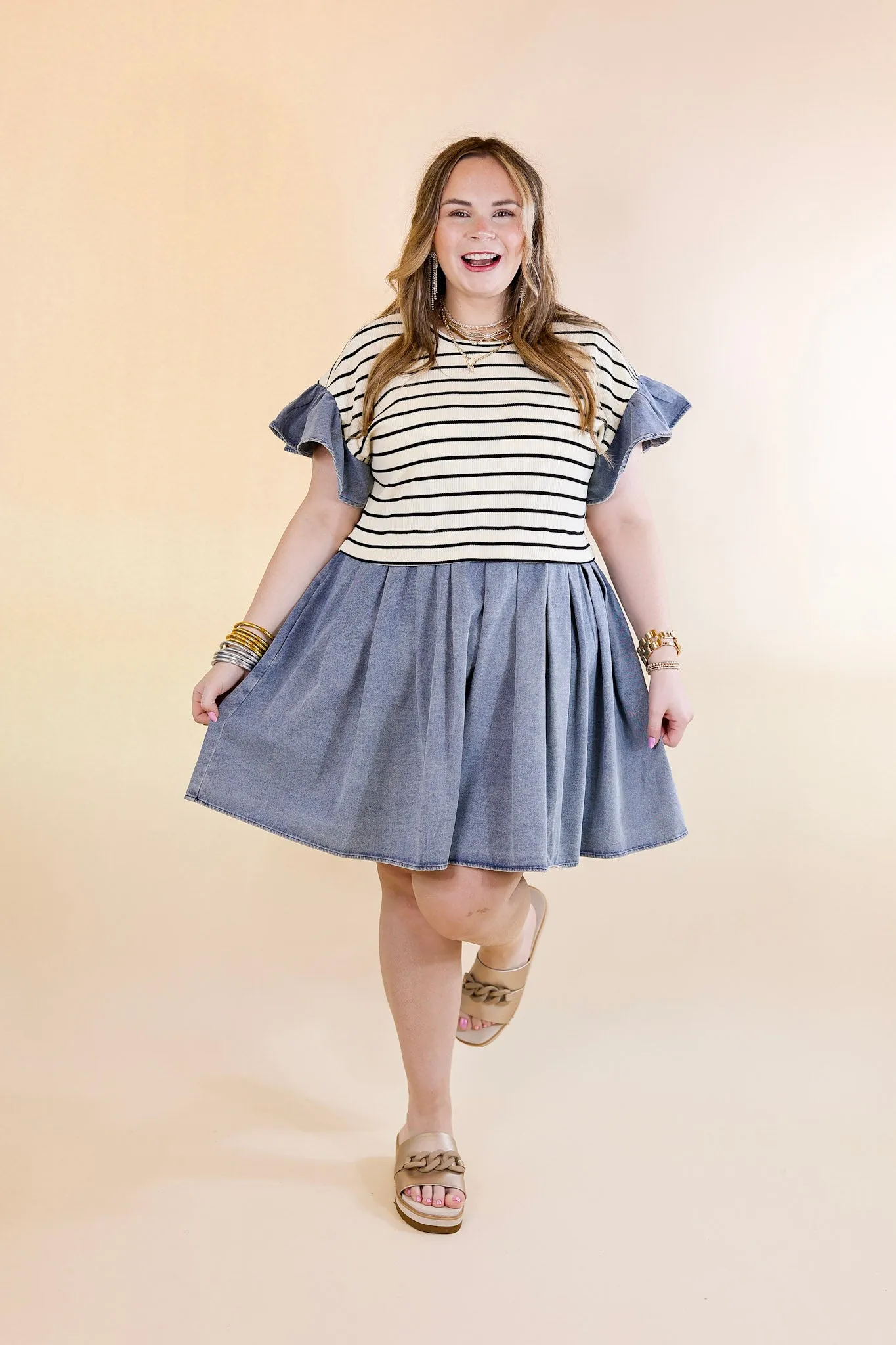 Denim Duo Striped Dress in Cream and Black with Denim