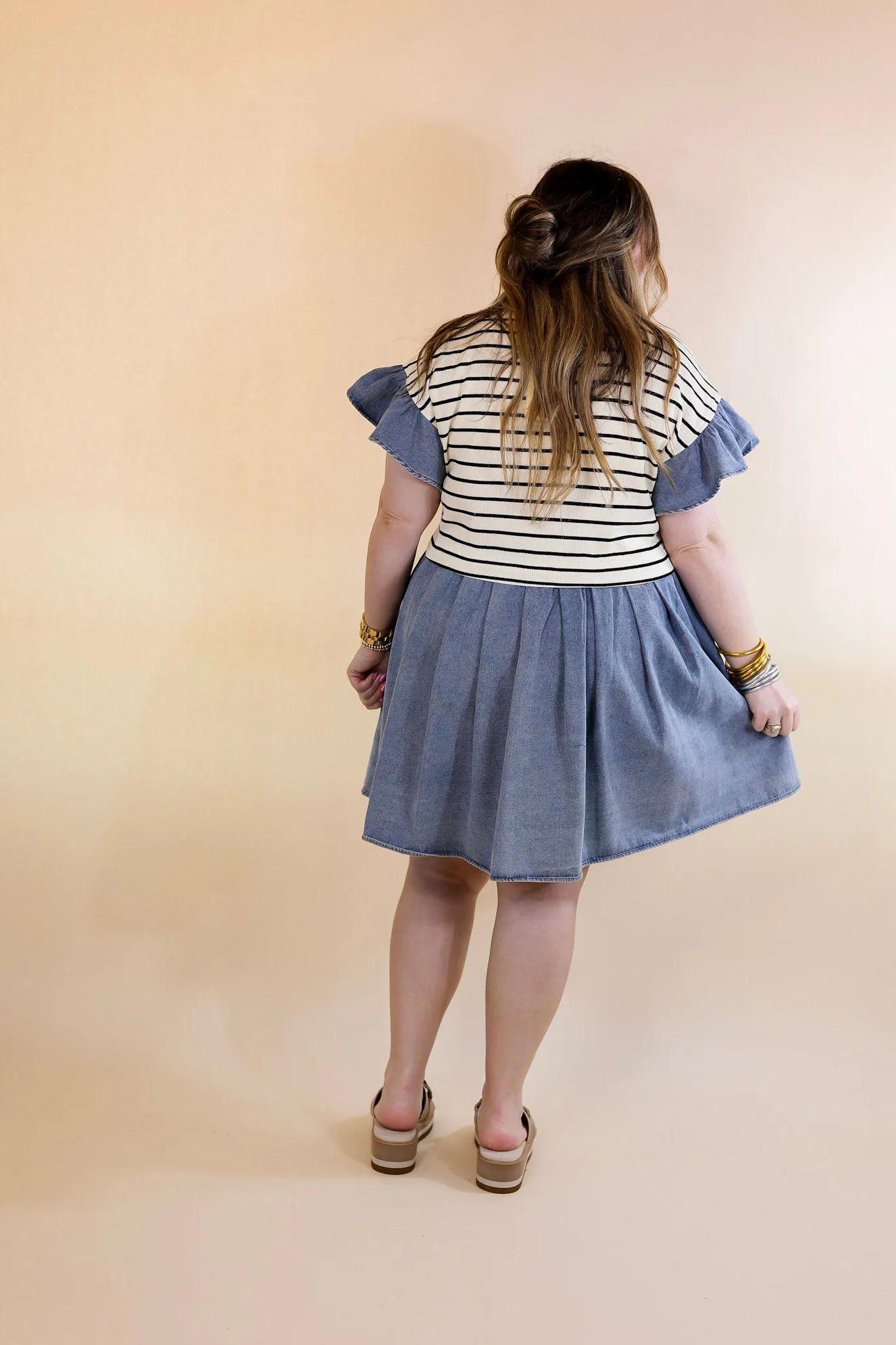 Denim Duo Striped Dress in Cream and Black with Denim