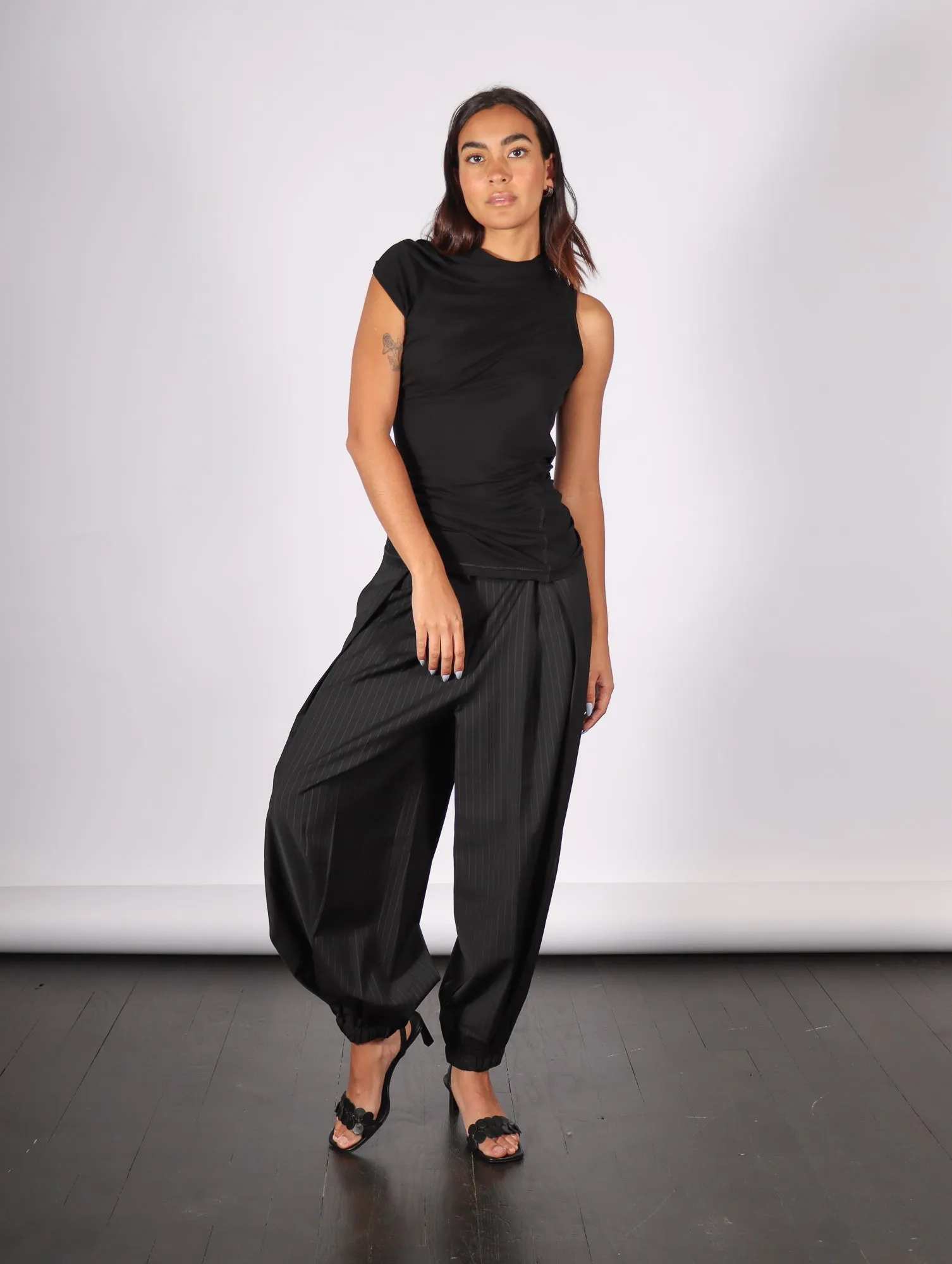 Dominic Pleated Balloon Pant in Black Pinstripe by Tibi