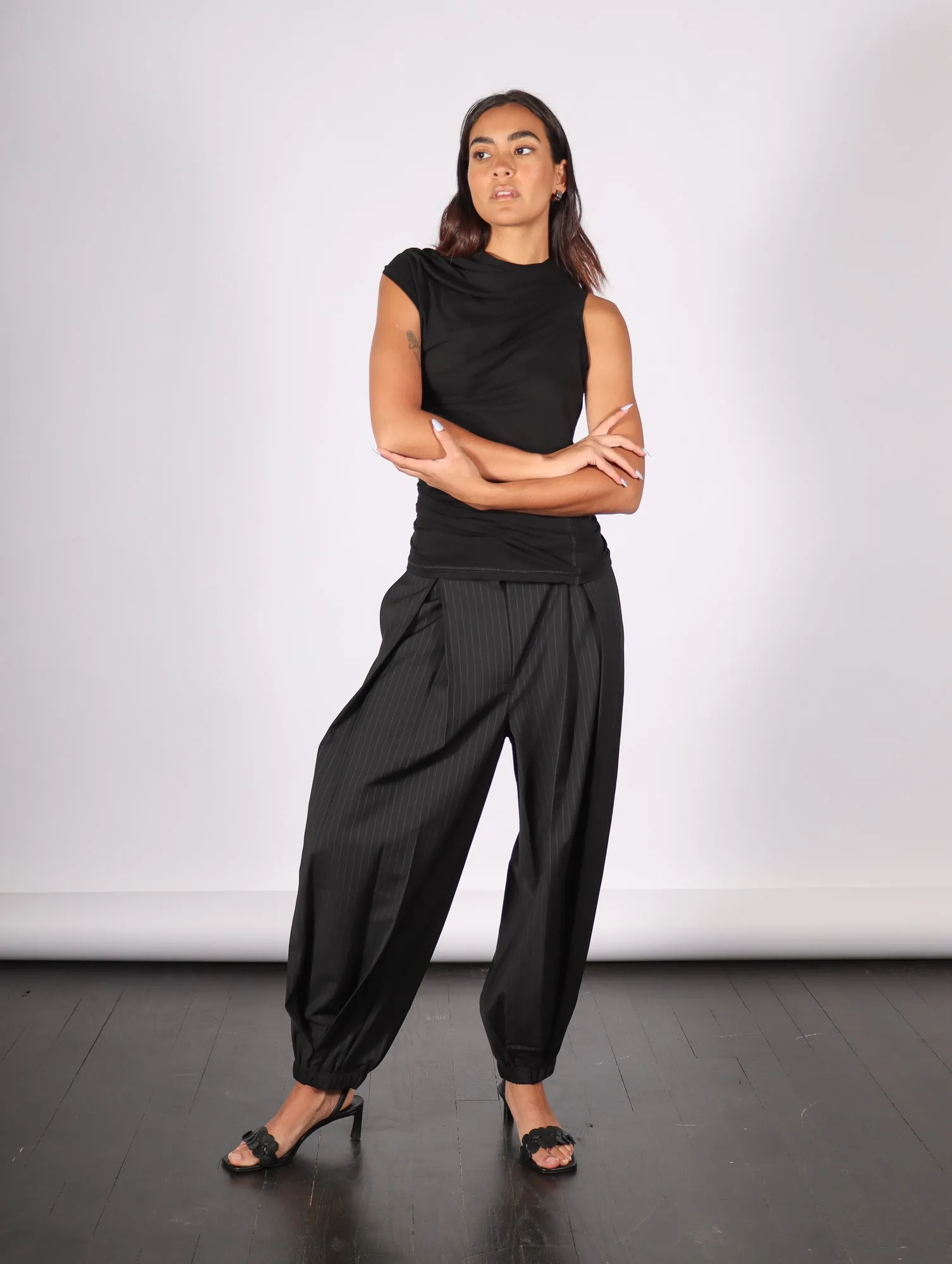 Dominic Pleated Balloon Pant in Black Pinstripe by Tibi