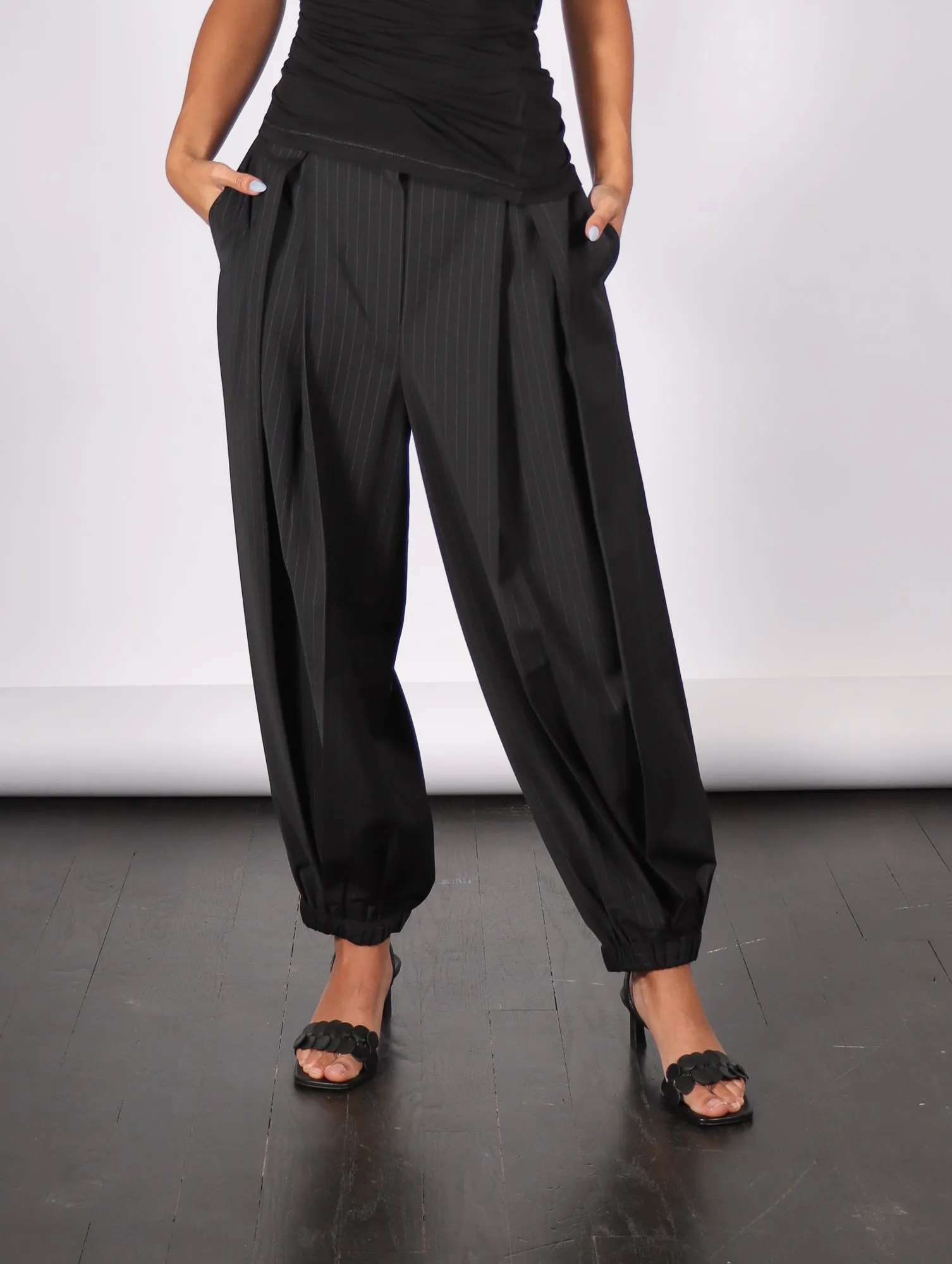 Dominic Pleated Balloon Pant in Black Pinstripe by Tibi